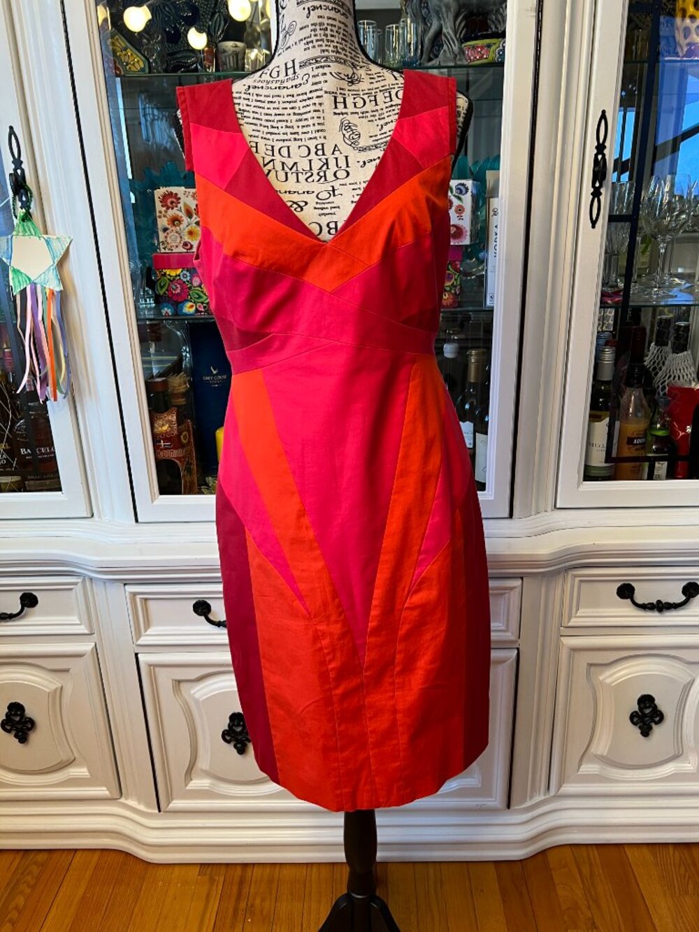 Karen Millen Red Orange Burgundy ColorBlock Midi Dress Exposed Zipper US8 fits 6